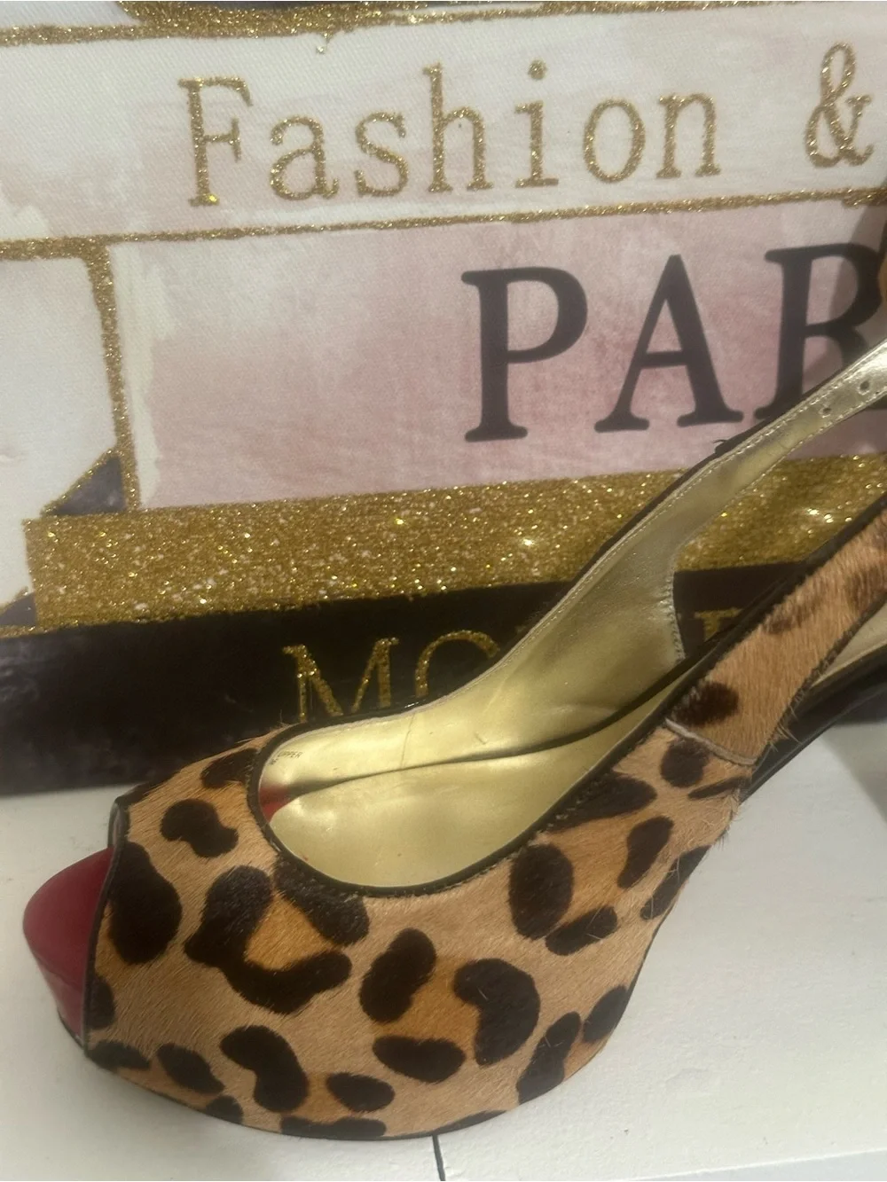 GUESS Leopard-Print Peep-Toe Slingback Heels with Red Platform